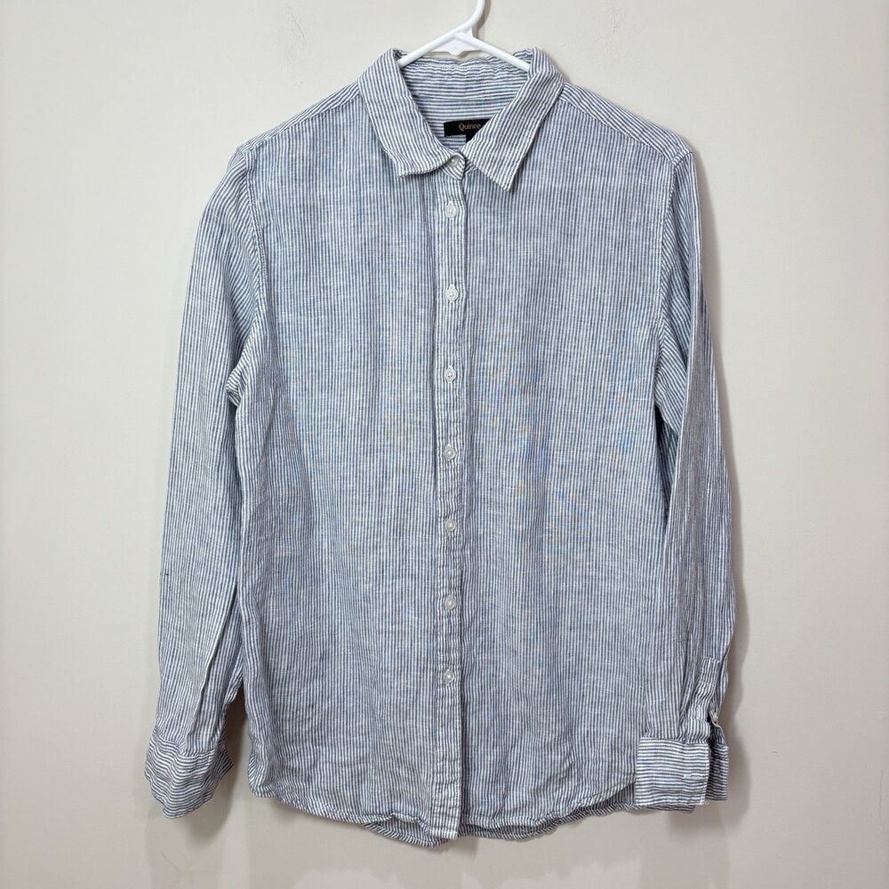 Quince 100% European Linen Striped Button Down Shirt M Blue Coastal Quiet Luxury
